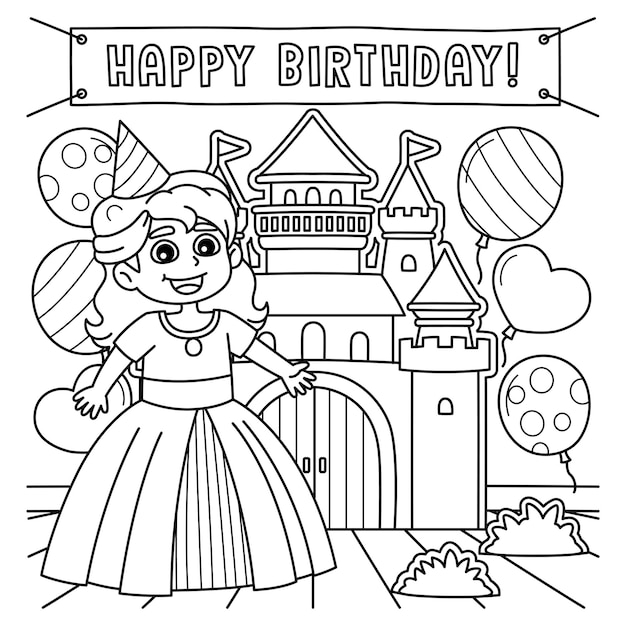 Una pagina da colorare carina e divertente di una principessa di buon compleanno. fornisce ore di divertimento colorando per i bambini. colore, questa pagina è molto semplice. adatto a bambini piccoli e neonati.