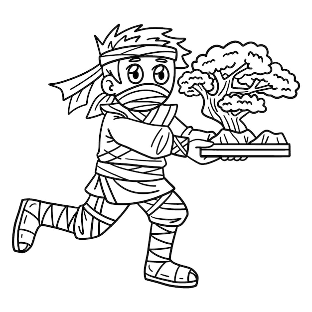 A cute and funny coloring page of a Ninja Carrying Bonsai. Provides hours of coloring fun for children. Color, this page is very easy. Suitable for little kids and toddlers.