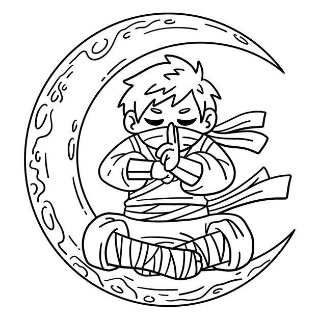 Vector a cute and funny coloring page of a ninja and crescent moon. provides hours of coloring fun for children. color, this page is very easy. suitable for little kids and toddlers.