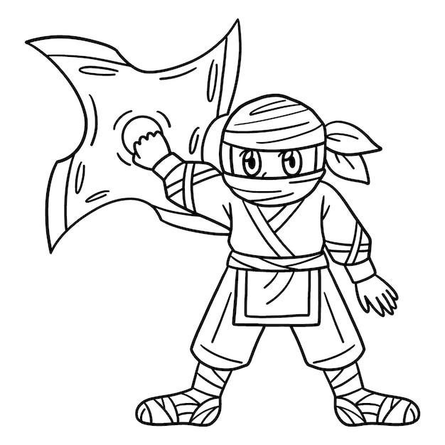 Vector a cute and funny coloring page of a ninja with a huge shuriken. provides hours of coloring fun for children. color, this page is very easy. suitable for little kids and toddlers.