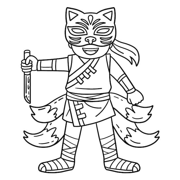 Vector a cute and funny coloring page of a ninja with a kitsune mask and tail. provides hours of coloring fun for children. color, this page is very easy. suitable for little kids and toddlers.