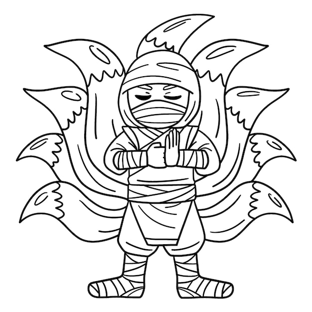 Vector a cute and funny coloring page of a ninja with nine tails. provides hours of coloring fun for children. color, this page is very easy. suitable for little kids and toddlers.