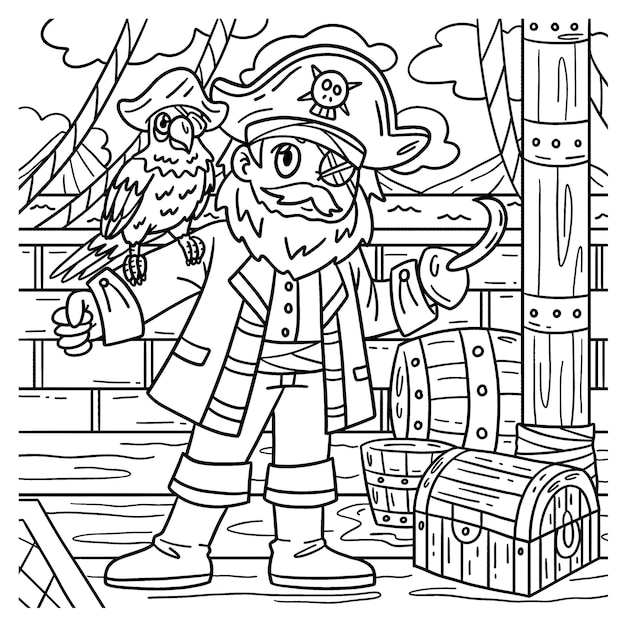 A cute and funny coloring page of a Pirate Captain with a Parrot. Provides hours of coloring fun for children. Color, this page is very easy. Suitable for little kids and toddlers.