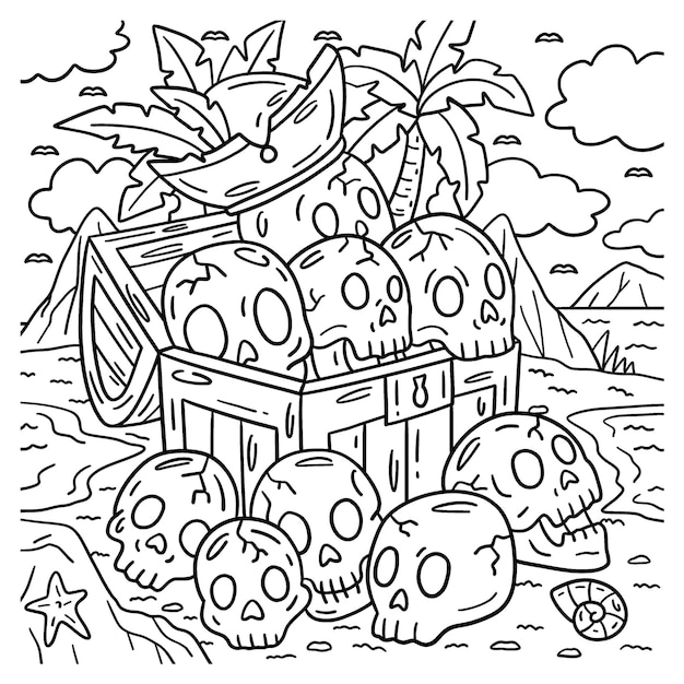 A cute and funny coloring page of a Pirate Chest with Skulls. Provides hours of coloring fun for children. Color, this page is very easy. Suitable for little kids and toddlers.