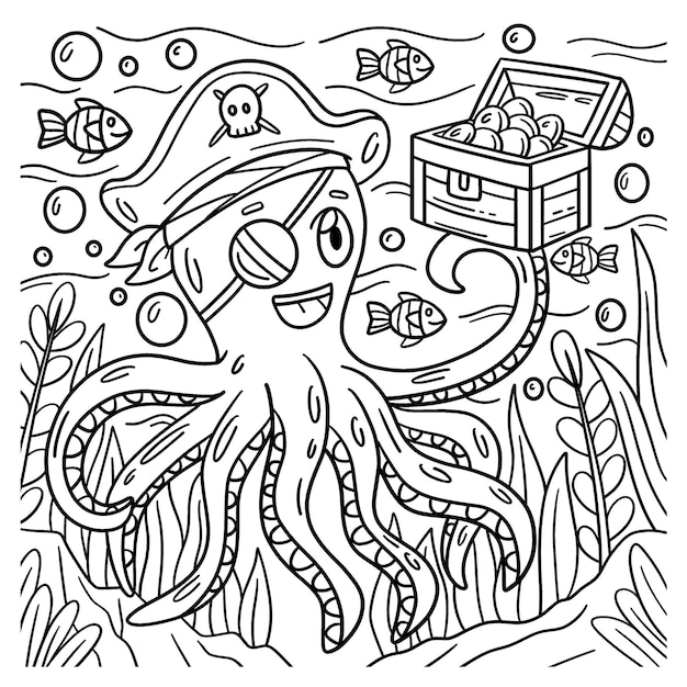A cute and funny coloring page of a Pirate Octopus Holding Chest. Provides hours of coloring fun for children. Color, this page is very easy. Suitable for little kids and toddlers.