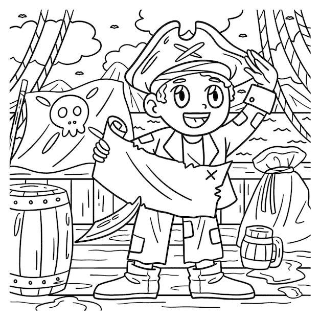 A cute and funny coloring page of a Pirate with a Treasure Map. Provides hours of coloring fun for children. Color, this page is very easy. Suitable for little kids and toddlers.