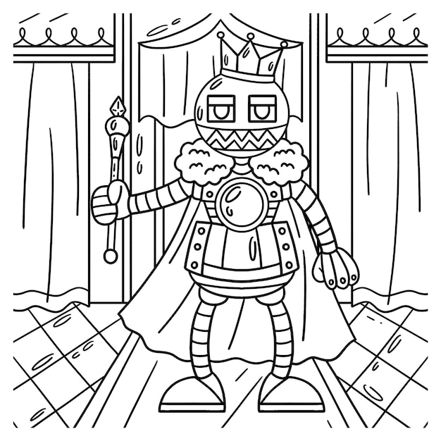 A cute and funny coloring page of a Robot with a Crown and Scepter Provides hours of coloring fun for children To color this page is very easy Suitable for little kids and toddlers