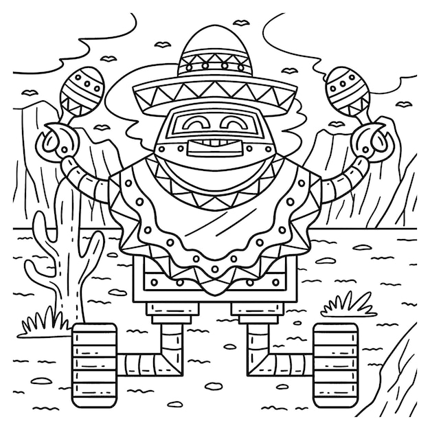 Vector a cute and funny coloring page of a robot with poncho and maracas provides hours of coloring fun for children to color this page is very easy suitable for little kids and toddlers