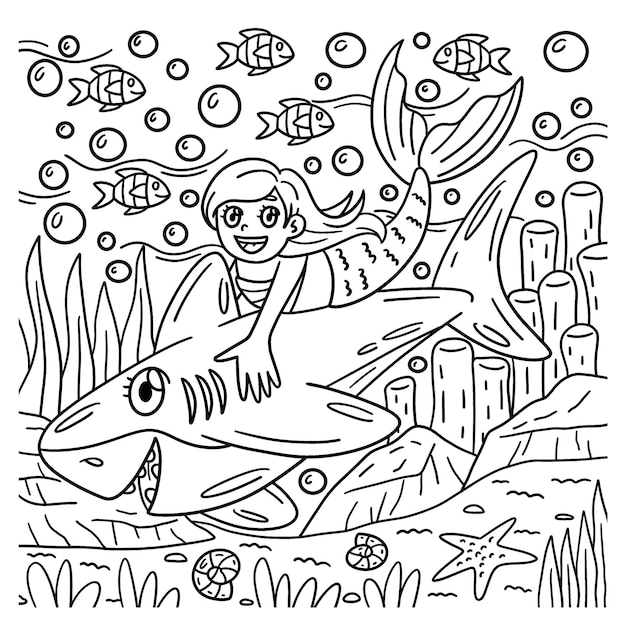 A cute and funny coloring page of a Shark and Mermaid Provides hours of coloring fun for children To color this page is very easy Suitable for little kids and toddlers