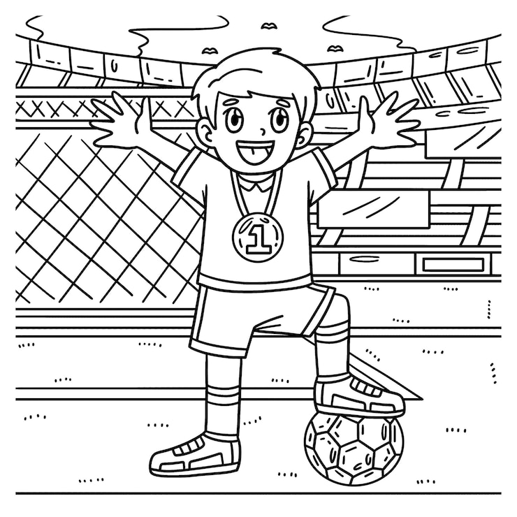 Vector a cute and funny coloring page of a soccer boy wearing medal provides hours of coloring fun for children to color this page is very easy suitable for little kids and toddlers