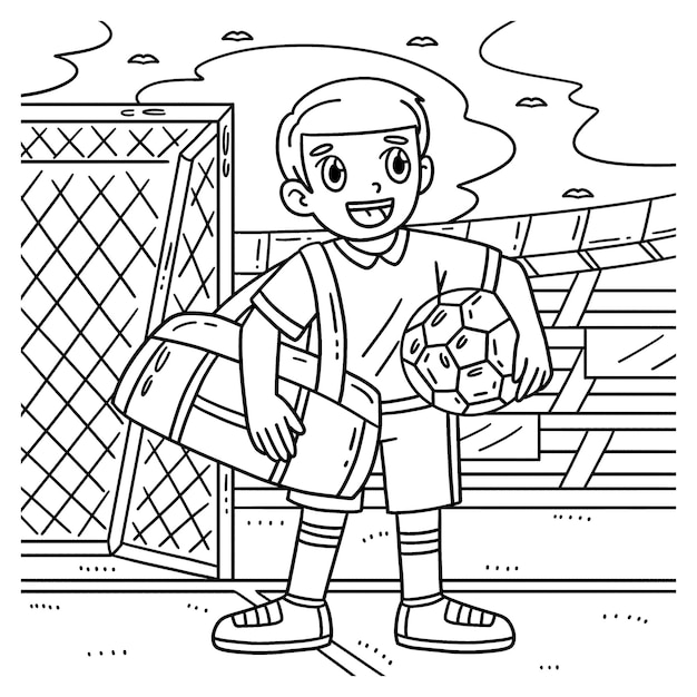 A cute and funny coloring page of a Soccer Boy with a Sports Bag Provides hours of coloring fun for children To color this page is very easy Suitable for little kids and toddlers