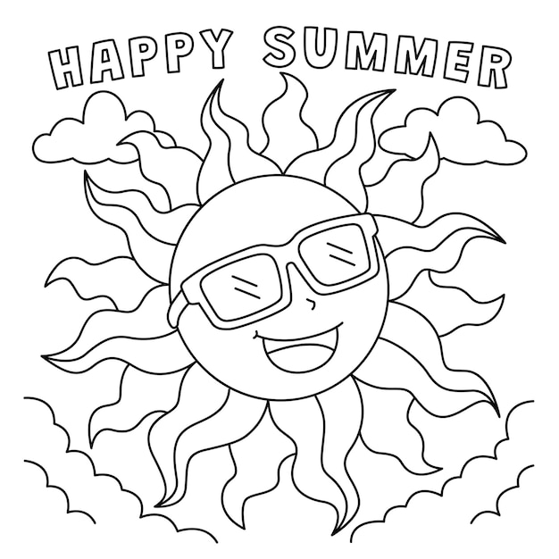 A cute and funny coloring page of a Sun with Happy Summer Provides hours of coloring fun for children Color this page is very easy Suitable for little kids and toddlers