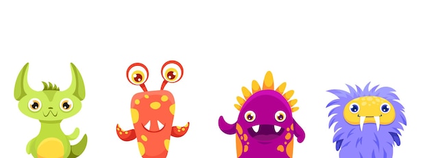 Cute funny colourful monsters avatars of head faces icon set line for halloween banner