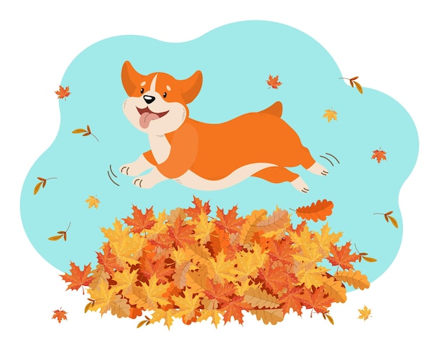 紅葉の山を飛び越えてかわいいおかしなコーギー犬。子供のイラスト、印刷、ベクター