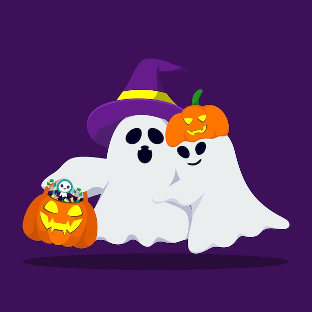 Cute funny couple ghost cartoon vector illustration