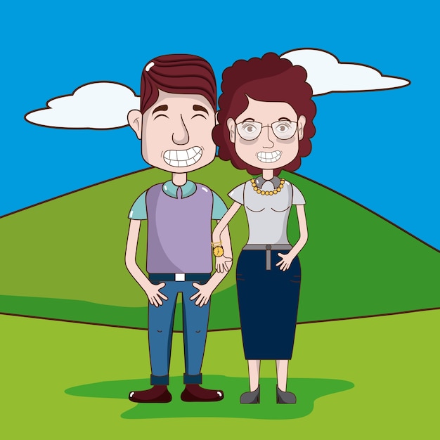 Cute and funny couple at park cartoon 