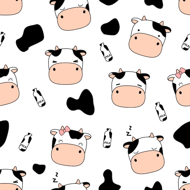 Vector cute funny cow head cartoon seamless pattern