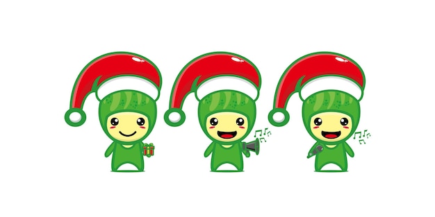 Cute funny cucumber character celebrating christmas Vector flat line kawaii cartoon character