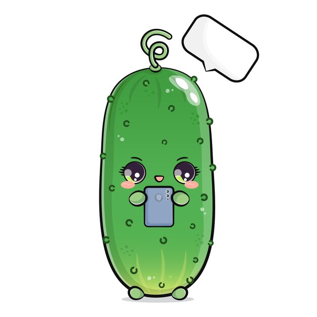 Cute funny Cucumber with a smartphone in hand