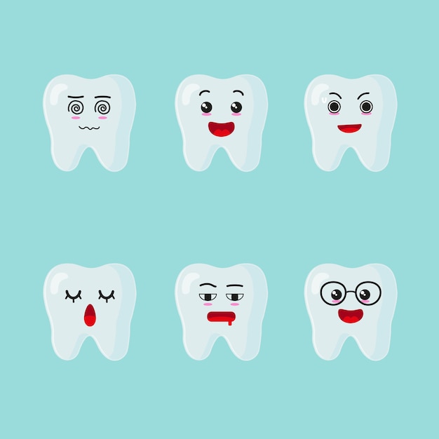 Vector cute funny dental clinic teeth set illustration vector detail for label design children dentist ill