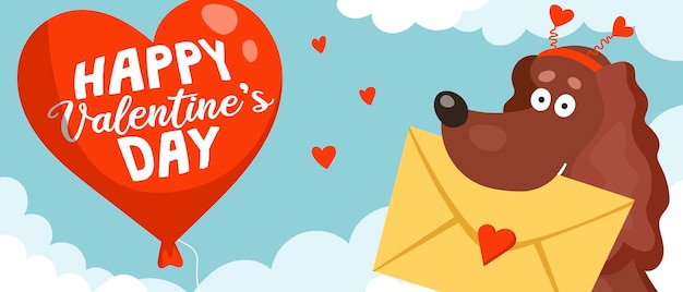 A cute funny dog spaniel holds an envelope with a valentine card in its teeth and a big red balloon happy valentine's day