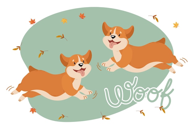 Vettore corgi di cani divertenti carini in un salto e il testo woof. illustrazione per bambini, stampa, vettore