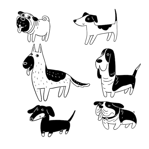 Vettore set di vettori di doodle per cani carini e divertenti i personaggi dei cani dei cartoni animati disegnano a mano in bianco e nero in diverse pose