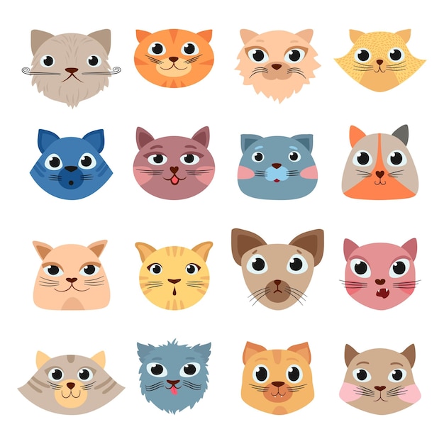 Vector cute funny domestic animals colored heads happy faces expressive emotions set
