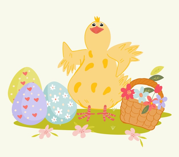 Милый забавный пасхальный цыпленок с крашеными яйцами и корзиной цветов плоский вектор