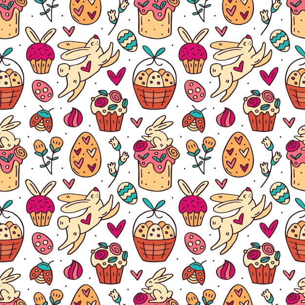 Cute funny easter rabbits, easter cakes, muffins, herbs, eggs and hearts cute doodle hand drawn seamless pattern