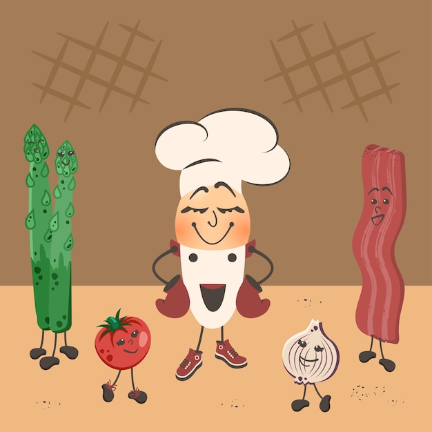 Cute funny egg with cartoon comic vegetables and bacon happy cartoon characters vector flat illustration for poster menu cafe restaurant snack bar card banner