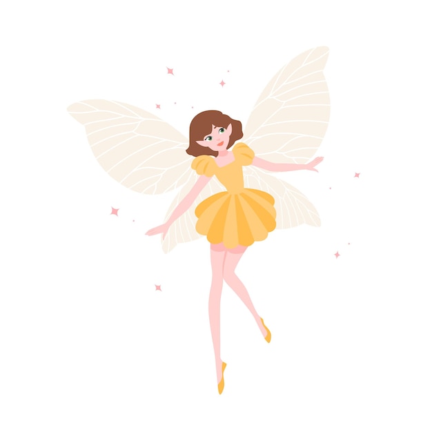 Cute funny fairy or flying elf in elegant dress with butterfly wings isolated on white background. mythological creature, magical character from fairytales, legends. flat cartoon vector illustration.