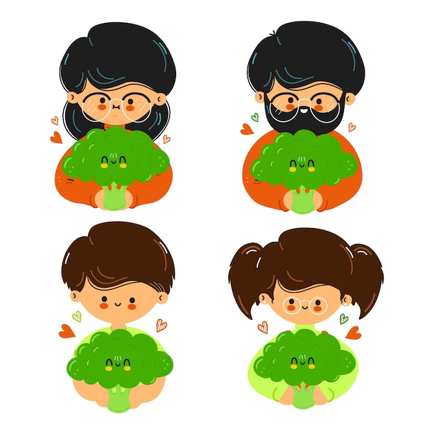 Cute funny family hold broccoli in hand