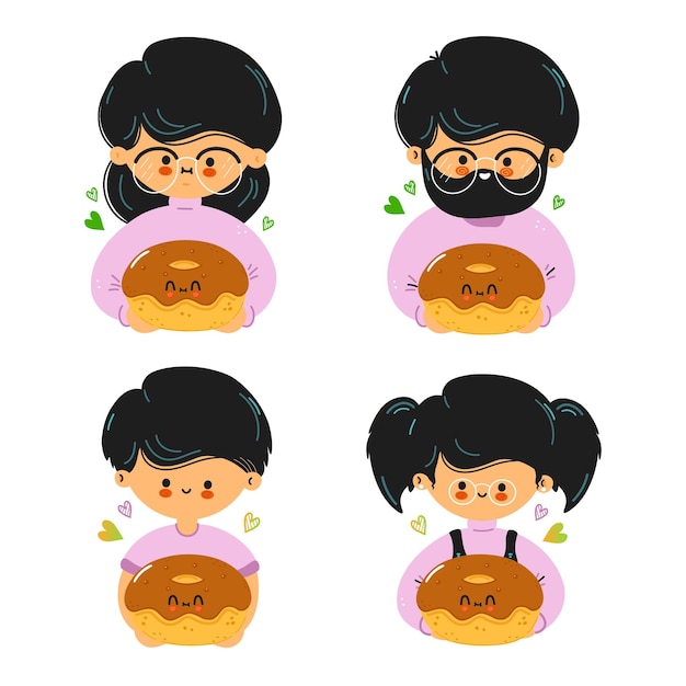 Vector cute funny family hold donut in hand