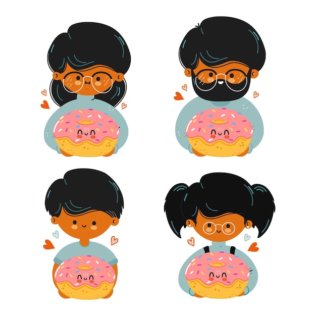 Cute funny family hold Donut in hand