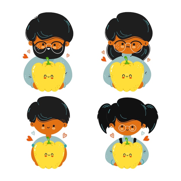 Cute funny family hold yellow bell pepper in hand