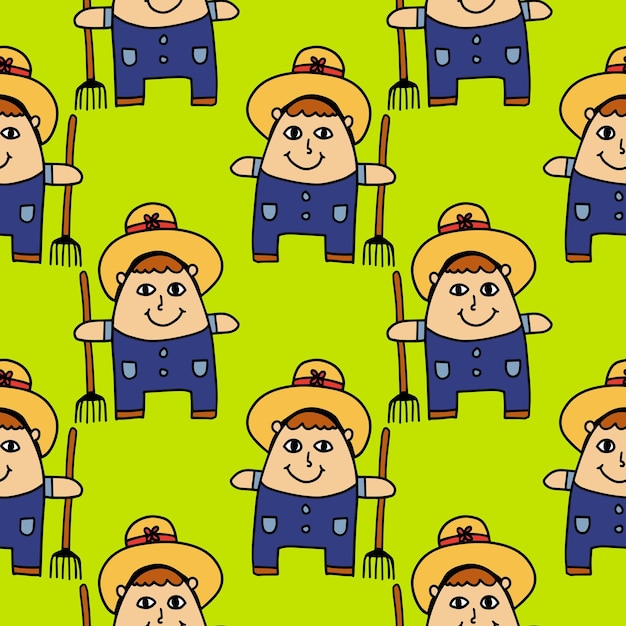 Vector cute funny farmer character seamless pattern. little farm gnome background.