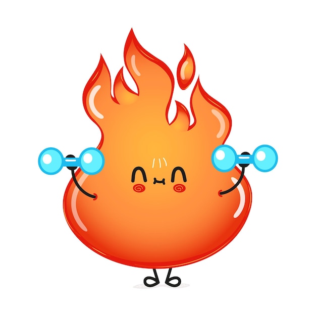 Vector cute funny fire character with dumbbells