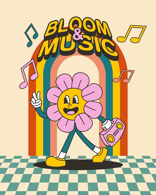 cute and funny flower groovy illustration bloom and music