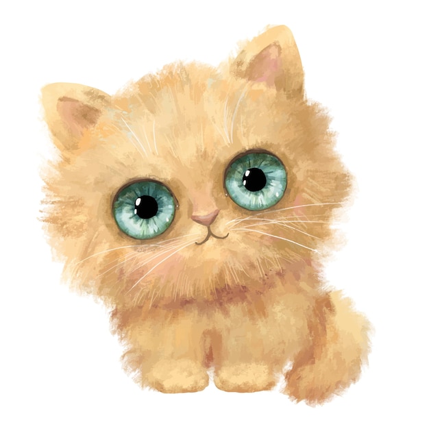 Cute funny fluffy sitting cat with big blue eyes Watercolor character