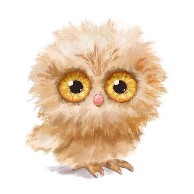 Cute funny fluffy sitting owl with big yellow eyes Watercolor character illustration Isolated