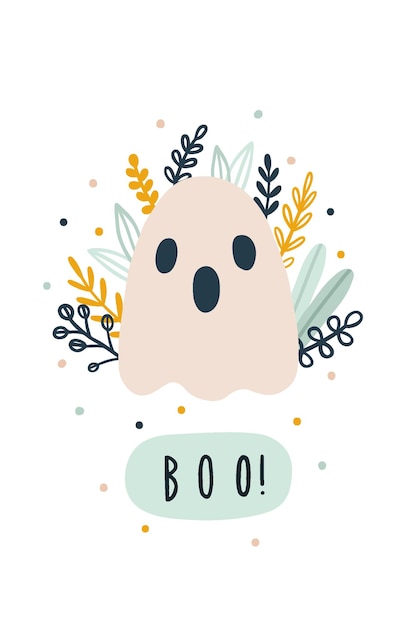 Cute funny ghost halloween greeting card illustration