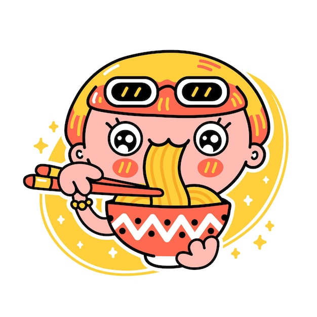 Vector cute funny girl eat noodles from bowl