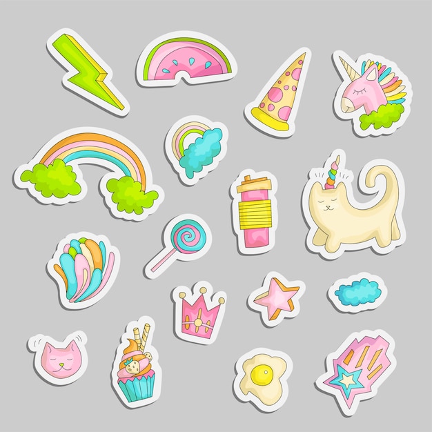 Vector cute funny girl teenage stickers set, fashion cute teen icons