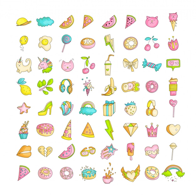 Cute funny girl teenager colored icon set, fashion cute teen and princess icons - pizza, unicorn, cat, lollipop, fruits and other hand draw line teens icon collection.