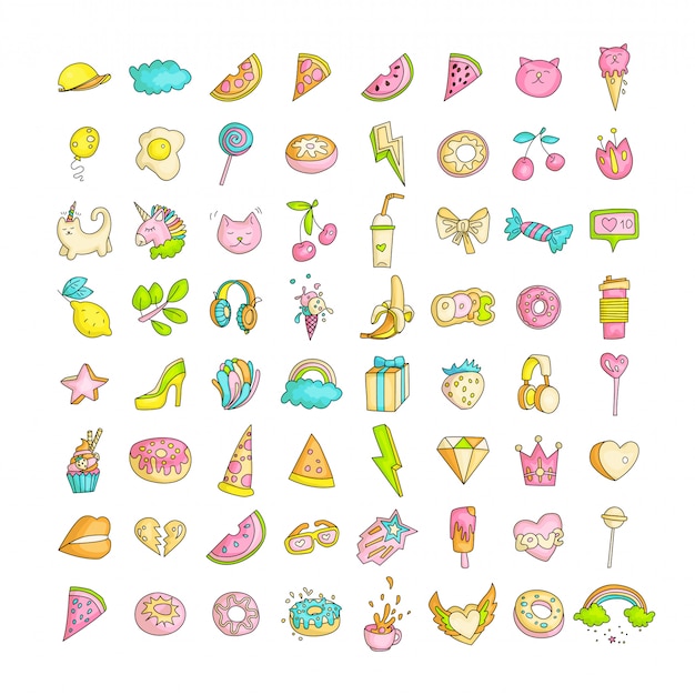 Vector cute funny girl teenager colored icon set, fashion cute teen and princess icons - pizza, unicorn, cat, lollypop, fruits and other hand draw line teens icon collection. magic fun cute girls objects