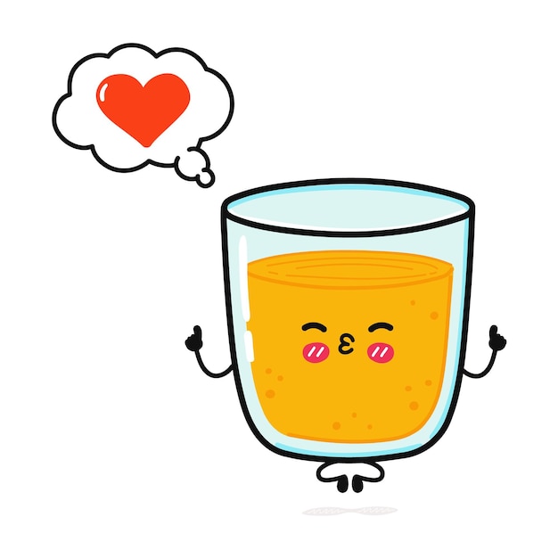 Cute funny Glass of juice doing yoga with speech bubble Vector hand drawn cartoon kawaii character illustration icon Isolated on white background Happy Glass of juice in love character concept