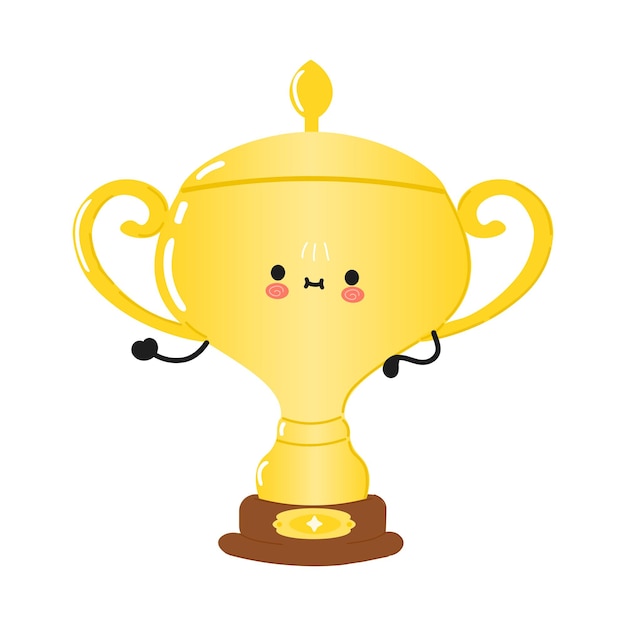 Cute funny golden trophy cup waving hand character