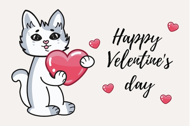 Vettore simpatico gatto grigio divertente con un cuore rosso nelle sue mani buon san valentino