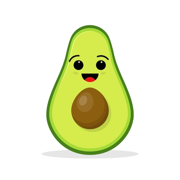 Carino divertente verde kawaii avocado con sorriso isolato su sfondo bianco. icona dell'illustrazione kawaii del personaggio dei cartoni animati piatto. concetto di avocado con carattere di frutta. illustrazione vettoriale